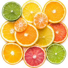 Fototapeta premium A colorful arrangement of round citrus slices isolated on a transparent background, showcasing their vibrant colors and juicy textures.