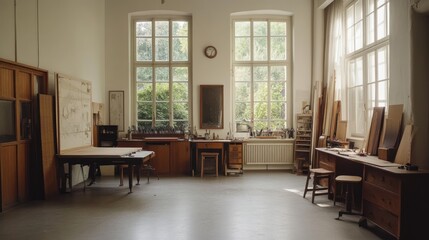 Fototapeta premium Sunlit Artist's Studio Interior with Wooden Workbench.