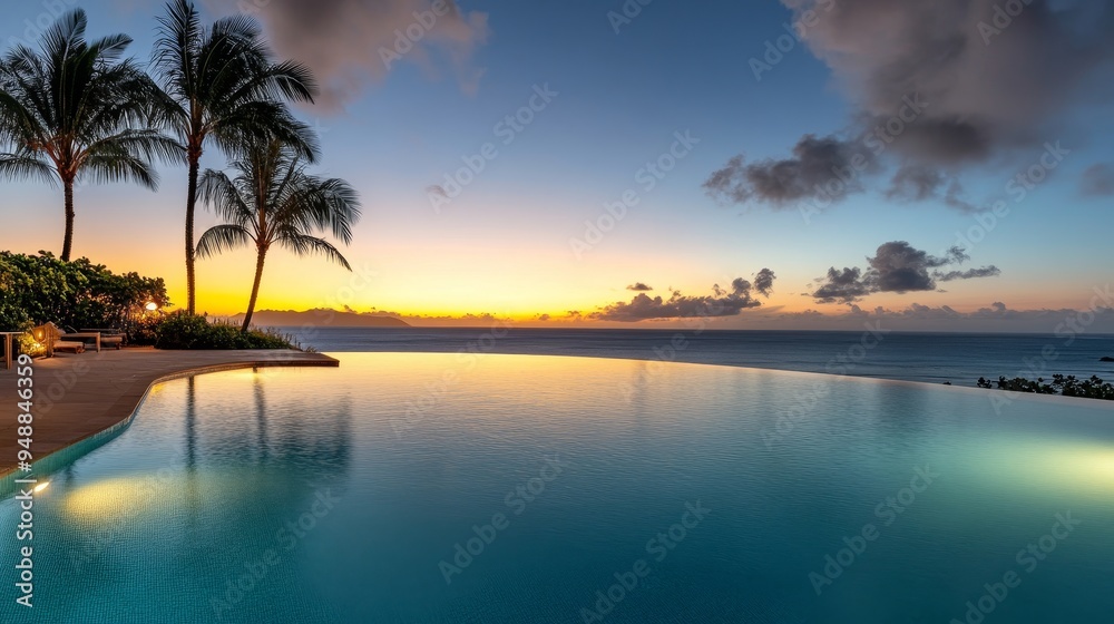 Poster A panoramic view of a pristine infinity pool overlooking the ocean at sunset. The sky is ablaze with vibrant colors, casting a warm glow over the tranquil waters. Palm trees sway gently in the breeze,