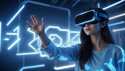 A young woman wearing a virtual reality headset , surrounded by a futuristic, neon-lit environment with glowing lines and shapes