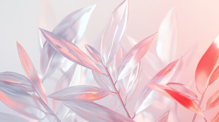Fototapeta premium A crystal texture, translucent glass leaves branch on a soft gradient background. Concept of elegance and fragility