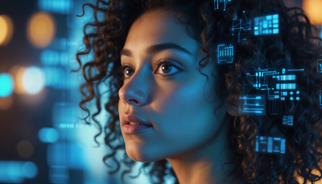 A young female immersed in a futuristic technology environment, surrounded by holographic displays and digital interfaces, representing innovation and modernity