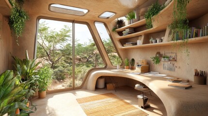 Fototapeta premium A bright and airy home office with a curved desk, shelves, and a large window looking out onto a lush forest.