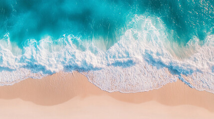 blue ocean wave rolling onto a pristine sandy beach, capturing the serene beauty of nature's simplicity and peaceful escap