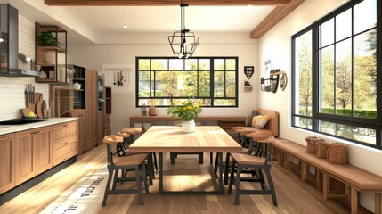 Fototapeta premium Modern Rustic Kitchen with Large Window and Wooden Table.