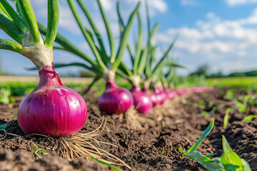 Red onions growing on an onion farm.