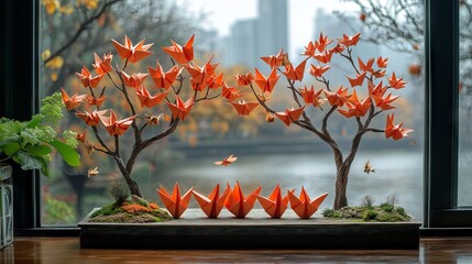 Image shows two bonsai trees with orange origami birds, set indoors near a window overlooking a cityscape and river