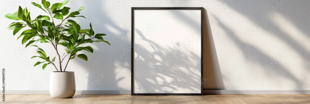 Poster A simple yet elegant minimalist room interior featuring a blank picture frame on a white wall. Sunlight streams through a window, casting soft shadows on the wall and floor, creating a sense of tranqu