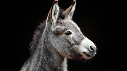 Fototapeta premium Close-up image of a gray donkey with a black background, showcasing its detailed features and expressive eyes