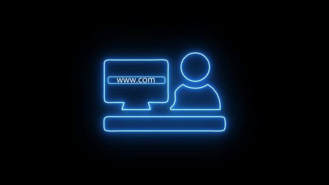Neon User line icon inside circle, user information. Social Network User Id Icon black Background.Monitor icon neon brown pink glowing animation. Abstract neon monitor icon on black background.