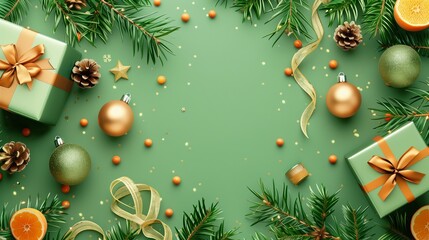 Merry Christmas and Happy New Year banner. Xmas background with realistic festive decorative design elements. Pine and spruce branches, gift box, pine cone, orange, ball bauble. Flat lay, top view. 