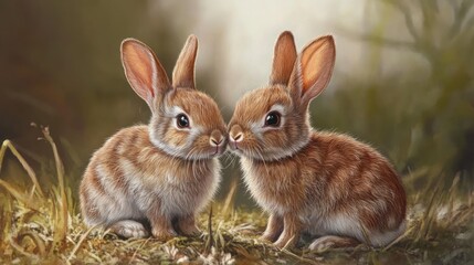 Two Cute Rabbits Snuggling in a Forest