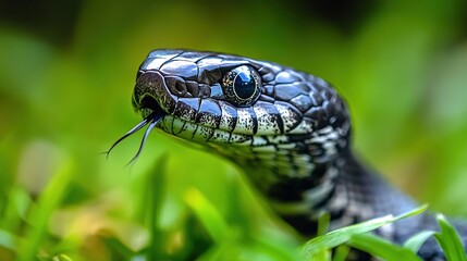 Fototapeta premium Side view of a snake with tongue out, detailed scales, and vibrant green grass background