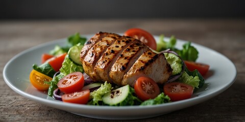 Grilled chicken breast on fresh vegetable salad.