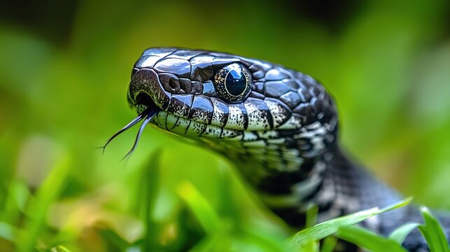 Side view of a snake with tongue out, detailed scales, and vibrant green grass background