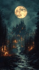 Fototapeta premium Towering medieval castle illuminated by glowing lights stands beneath a large, full moon in a dark, eerie forest setting