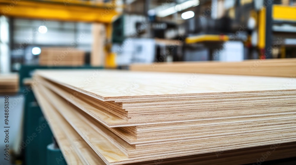 Wall mural Stack of Plywood in a Factory Setting