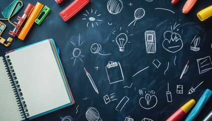 Creative Education Workspace with Notebook, Pens, and Icons on Blackboard Background