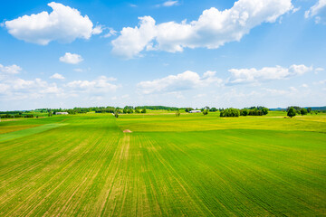 View of green meadows and farming fields near Turtulu lake in spring season, Suwalski Landscape Park, Podlasie, Poland