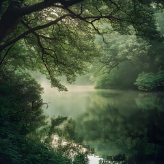 Fototapeta premium A peaceful water reservoir surrounded by lush greenery and vibrant foliage, creating a serene atmosphere.