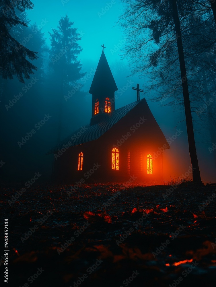 Wall mural A solitary church stands illuminated in the heart of a foggy forest at night, its glowing windows casting an ethereal glow. The scene evokes a sense of mystery, solitude, and the supernatural, hinting