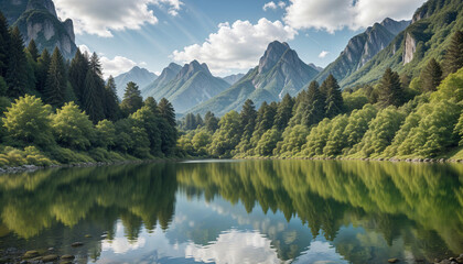 A serene mountain lake surrounded by lush green forests and towering snow-capped peaks under a partly cloudy sky 