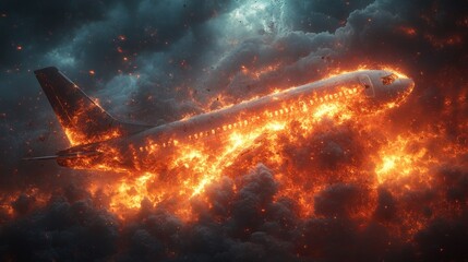Fototapeta premium Image depicts an airplane engulfed in flames and smoke, creating a dramatic and intense scene against a dark, stormy sky