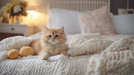 Obraz premium Cozy Cat Relaxing on Bed with Soft Textiles and Warm Lighting