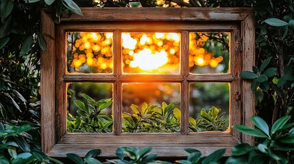   A sunny window with tree leaves viewed through its pane