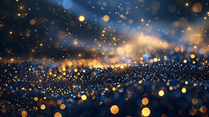 New year, Christmas background with gold stars and sparkling. Abstract background with Dark blue and gold particle. Christmas Golden light shine particles bokeh on navy background. Gold foil texture