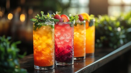 Four vibrant cocktails in tall glasses, garnished with fresh mint and fruit, are displayed on a bar counter