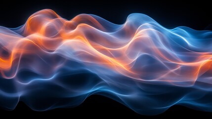 Obraz premium Image features dynamic, flowing waves of orange and blue light against a dark background, creating a mesmerizing abstract effect