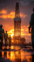 Fototapeta premium Three workers in protective gear approach a large, illuminated oil rig during a dramatic sunset with sparks flying around