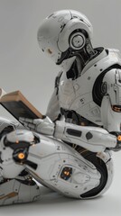 Fototapeta premium Futuristic robot, detailed with lights and mechanical parts, is sitting and reading a book against a plain background