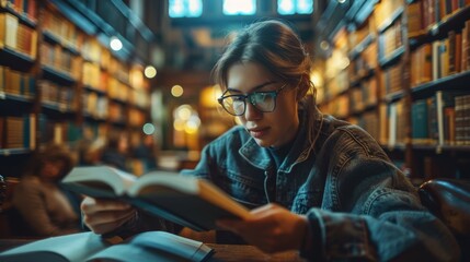 Fototapeta premium Person wearing glasses reads a book in a large, well-lit library filled with bookshelves and a cozy atmosphere