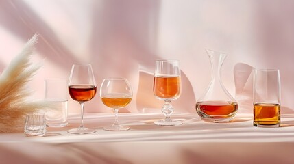 A stylish tasting setup featuring various spirits in elegant glassware, highlighting the art of tasting on a soft pastel backdrop