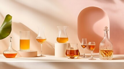 A stylish tasting setup featuring various spirits in elegant glassware, highlighting the art of tasting on a soft pastel backdrop