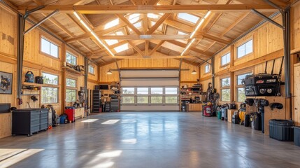 Spacious, empty, wood-paneled garage with a concrete floor and overhead door open, revealing a view of trees beyond.