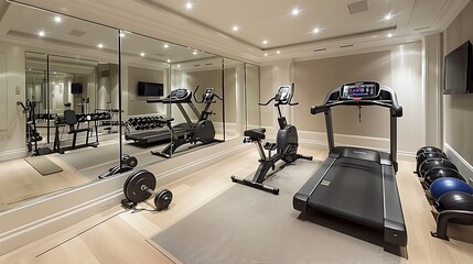 Contemporary home gym with mirrored walls 