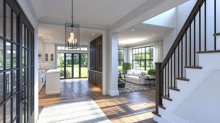 Obraz premium A modern entryway with hardwood floors, a white rug, and a view of the kitchen and living room.