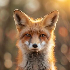 Fototapeta premium close up curious red fox with its ears perked up and a mischievous glint in its eyes, softly blurred woodland background, gentle sun creating a warm and inviting