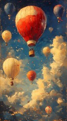 Fototapeta premium Scenic sky filled with colorful hot air balloons floating among fluffy clouds on a bright, clear day