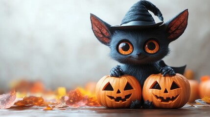 Naklejka premium Cute creature with large orange eyes, wearing a witch hat, holds two carved pumpkins amid autumn leaves and decorations