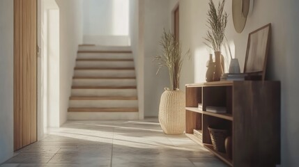 Fototapeta premium Minimalist hallway interior with wooden door, stairs, and shelf with decorative items.