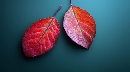 Obraz premium Image shows two vibrant red autumn leaves with intricate vein patterns, placed against a smooth teal background, artistically arranged