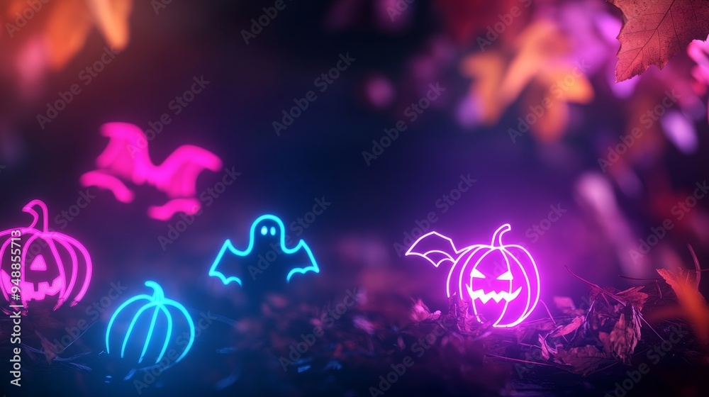 Poster A vibrant and spooky Halloween scene with glowing neon pumpkins and a ghost silhouetted against a backdrop of falling autumn leaves. The vibrant colors and festive atmosphere evoke a sense of exciteme