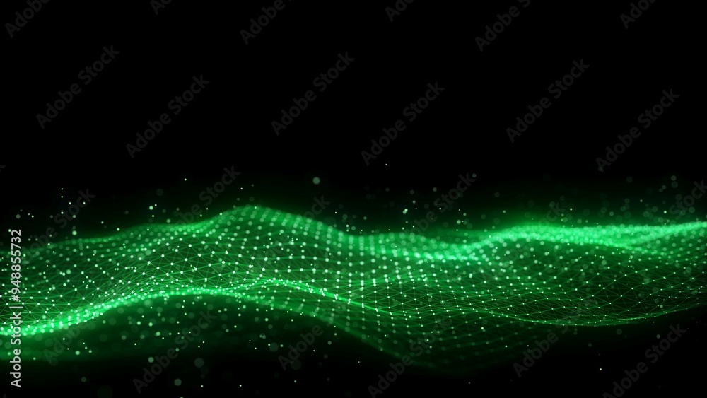 Poster abstract futuristic wave with moving dots. flow of colored particles and lines. cyber technology ill