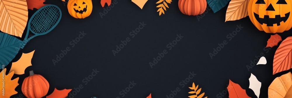 Wall mural A vibrant autumnal and Halloween-themed wallpaper featuring a black background adorned with orange pumpkins, colorful leaves, and a tennis racquet. The arrangement symbolizes the transition from fall 