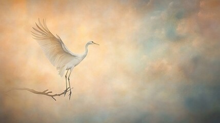 Obraz premium Painting of White Bird Flying in Sky with Branch in Foreground and Clouds in Background