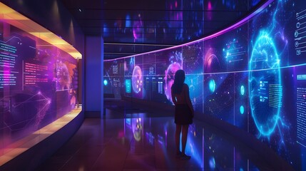 Woman Exploring a Futuristic Digital World with Interactive Screens
